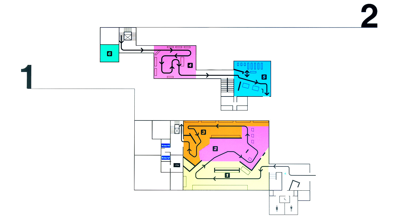 전시실배치도로 1층에는 남녀화장실, 첫째,둘째,셋째마당이 위치하고 있고 2층에는 넷째, 다섯째, 여섯째 마당이 위치
